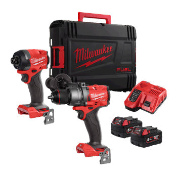 Milwaukee M18 FUEL 18V Twin Pack – Combi Hammer Drill & Impact Driver with 2×5.0Ah Batteries, Charger & Case